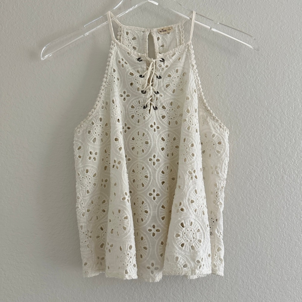 Hollister Eyelet Halter Top Women M White Lace Up Boho Sleeveless Tank